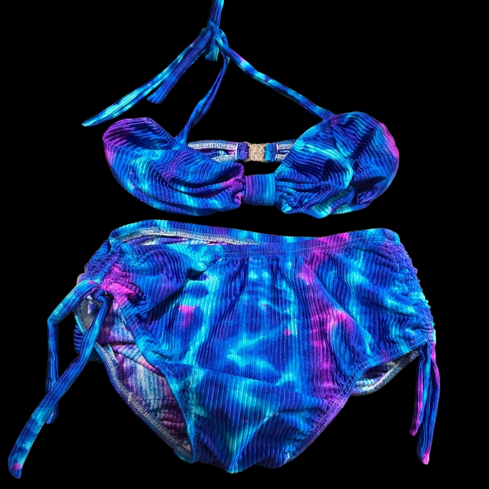 NWT Vintage Bikini Set S High Rise Waisted Ribbed Scrunch Tie Waist Halter Blue